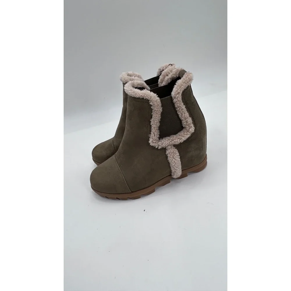 Sugar Haylei Hidden Heel Fur Trim Ankle Booties Olive Green Apres Ski Nordic
